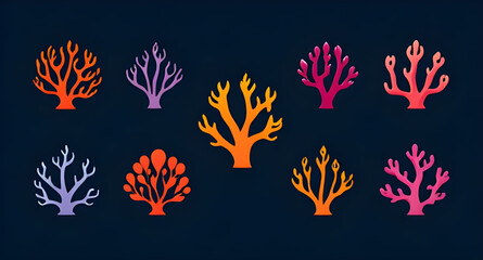 Colorful coral icons, Coral reef silhouette set, Coral sea life icons, Coral underwater vector, Coral minimal icons, Coral hand-drawn icons, Coral decorative icons, Coral cartoon icons, Coral isolated