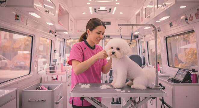 Mobile Dog Grooming Salon Pampered Pups on Wheels, Convenient Pet Care Services