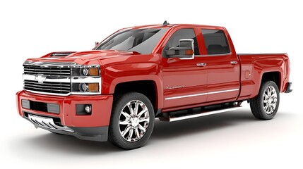 A bold red pickup truck with modern styling and chrome accents isolated on white background .