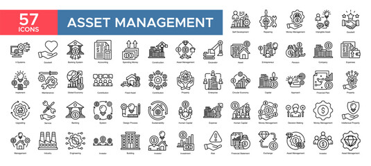 Asset Management collection set. Money Management, Integible Asset , Self Development, Asset, Entrepreneur, Company , Financial Plan, Investment, icon. Simple outline vector illustration