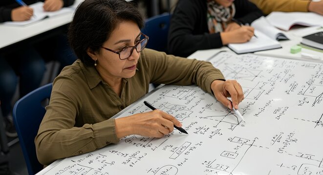 Focused Adult Student Solving Complex Math Equations in Classroom Setting Educational Concept