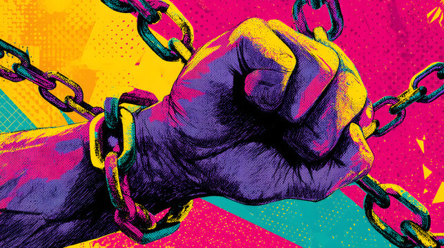 Breaking Free: A striking image of a fist, enclasped by chains, symbolizing struggle, liberation, and the breaking of barriers.