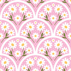 Chamomile floral arch seamless pattern. Scallop half circle dotted geometrical botanical ornament. Art nouveau stylized hand drawn small white daisies and leaves bouquets on pink background
