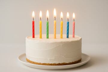 single-layer birthday cake with minimalist frosting, vibrant lit candles