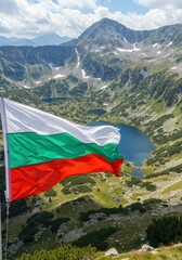 Waving Bulgarian Flag Representing Balkan History Over the Stunning Alpine Beauty of the Seven Rila Lakes
