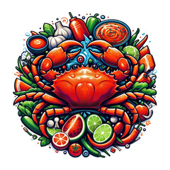 A Close Up Of A Crab Surrounded By Vegetables And Fruit