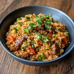 Fototapeta premium Delicious bowl of seasoned beef and vegetable fried rice garnished with fresh herbs served in a dark ceramic dish on a wooden table