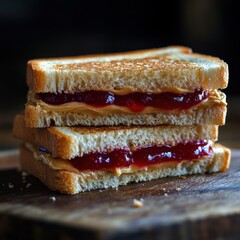 Close-up of three toasted bread slices with peanut butter and raspberry jam stacked on a rustic wooden surface in a warm inviting setting