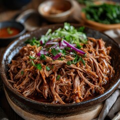 Hearty slow-cooked shredded beef with tender meat on a rustic plate garnished with fresh herbs and served with side salads and dipping sauces for flavorful Mexican cuisine
