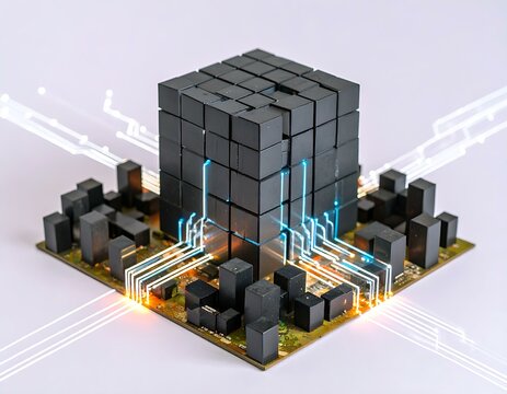 Futuristic Cube Cityscape Data Center, Network, Digital Architecture, Circuit Board, Technology