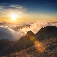 Majestic Sunset over Mountain Peaks Breathtaking Panoramic View of Clouds and Golden Hour Light