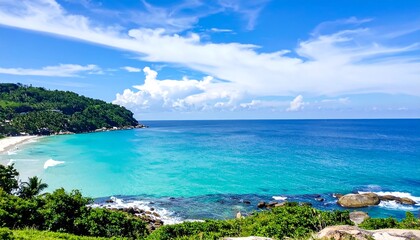 Fototapeta premium Turquoise bay with white sand beach under blue sky.