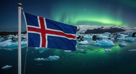 Waving Icelandic Flag Symbolizing Land of Fire and Ice Over the Stunning Jökulsárlón Glacier Lagoon