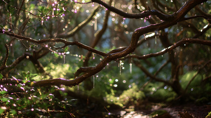 Fototapeta premium Mystical Forest: A captivating image showcasing intricate branches dripping with droplets and soft sunlight filtering through the leaves, highlighting nature's subtle beauty.