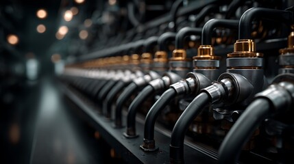 High-tech industrial automation in smokestack factory engineering machinery with chrome pipes and blue sky background