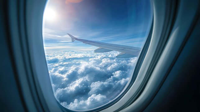 Airplane window with blue sky and wing .