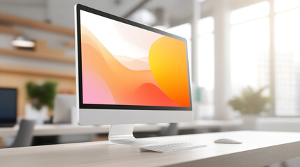 Fototapeta premium Sleek portable monitor on minimalist desk displaying vibrant abstract design, modern workspace technology and digital creativity concept. 