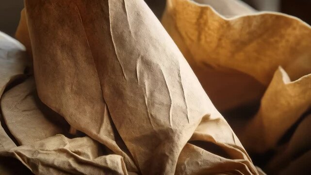 Close-up of crumpled brown paper creating abstract patterns, textures, and folds. Soft light revealing the creases and organic shapes of the material.