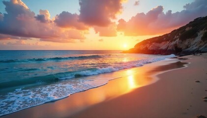 Endless horizon of calm ocean meeting sandy beach at sunset, serene coastal landscape, perfect for travel or relaxation imagery , water, serene, calm
