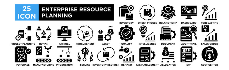 Enterprise resource planning icon collection set. Inventory Management, Order Processing, Customer Relationship, Accounting Dashboard, Financial Forecasting
