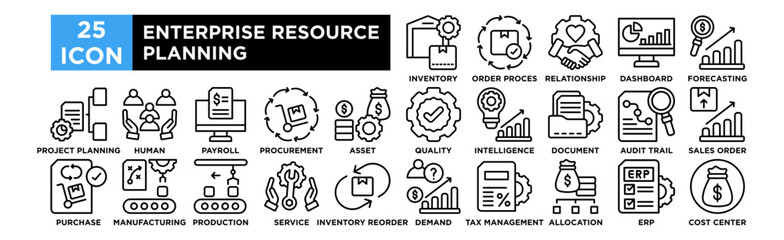Enterprise resource planning icon collection set. Inventory Management, Order Processing, Customer Relationship, Accounting Dashboard, Financial Forecasting