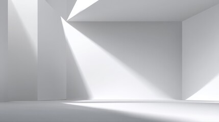 Fototapeta premium Abstract geometric background with white space, sharp shadows, and light reflections on the floor. Minimalist interior design of a modern room or exhibition hall.