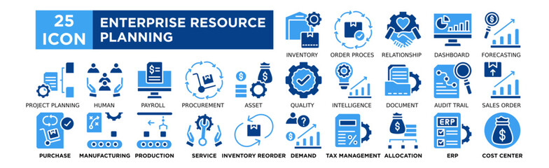 Enterprise resource planning icon collection set. Inventory Management, Order Processing, Customer Relationship, Accounting Dashboard, Financial Forecasting