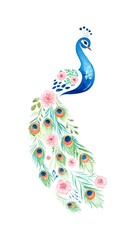 Fototapeta premium Elegant Peacock with Watercolor Floral Design