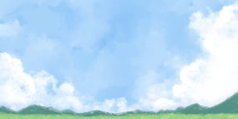 積乱雲と青空の手描きイラスト 田舎の風景