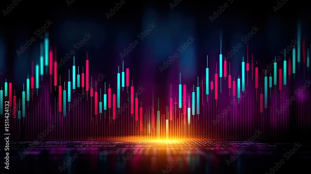 Poster Candlestick pattern based on entry and indicator exit timing concept. Abstract digital soundwave representation in vibrant colors.