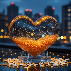 Golden Heart Urban Glow: A Sparkling Glass Heart Amidst Pills with City Night Lights and Bokeh