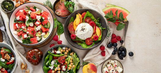 Different kinds of summer salads. Healthy lifestyle.