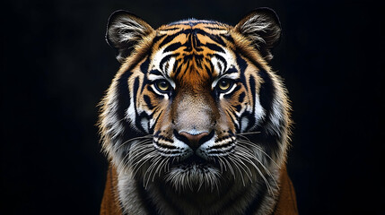 Fototapeta premium Close-up of a tiger's face against a dark background.