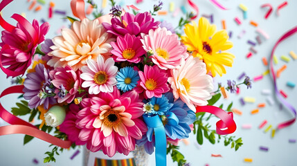 Vibrant floral celebration with colorful confetti and ribbon accents