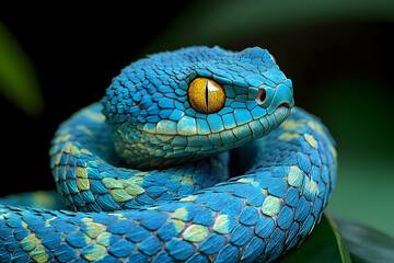 Fototapeta premium Close-up view of a vibrant blue venomous pit viper.