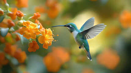 Naklejka premium A hummingbird hovers near vibrant orange flowers.