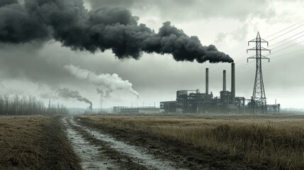 Industrial Landscape with Pollution and Dark Smoke Emission