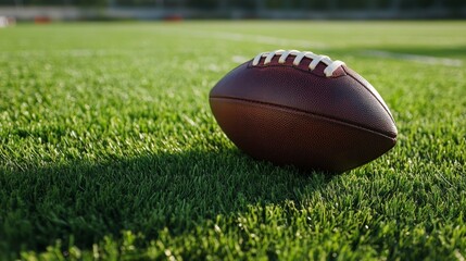 Obraz premium An american football in action on a perfectly even field of green grass sports event outdoor environment perspective on play