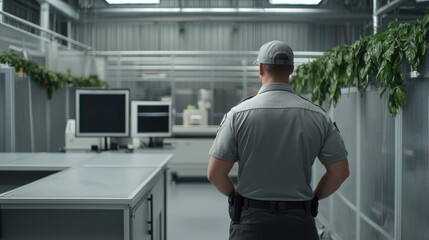 Fototapeta premium Security Guard in Modern Laboratory Surrounded by Greenery