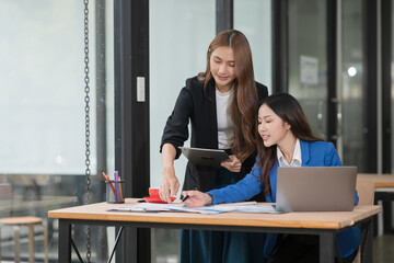 Fototapeta premium Two young female businesswomen are meeting in an office