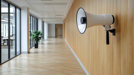 Megaphone on Wall in Modern Office Corridor with Wooden Panels