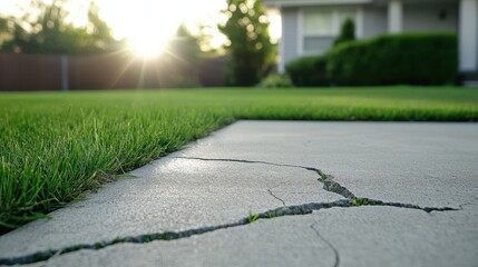 Obraz premium Cracked Concrete Slab Surrounded by Lush Green Grass at Sunset