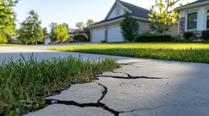 Cracked Concrete Driveway with Grass and Residential Houses in View