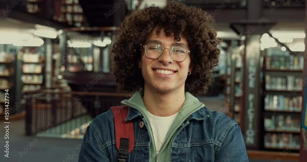 Poster happy, man and face of student in library for education, learning or studying for university exam. c
