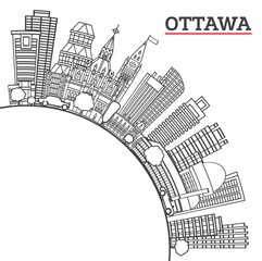 Outline Ottawa Canada City Skyline with Modern Buildings and copy space Isolated on White. Illustration. Ottawa Cityscape with Landmarks.