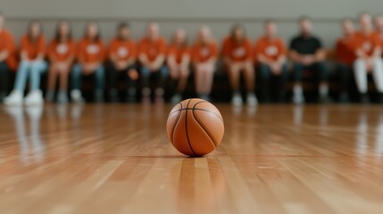 Naklejka premium Basketball Focused on Court with Team in Background and Wood Floor