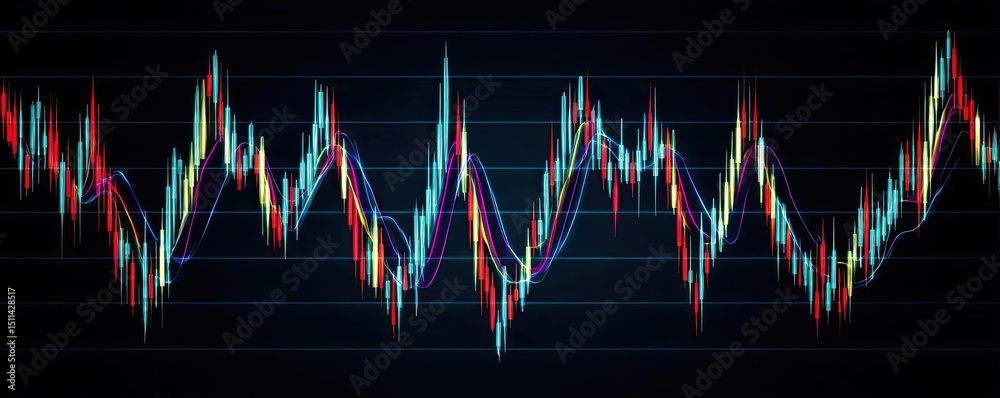 Aufkleber Candlestick pattern based on entry and indicator exit timing concept. Dynamic financial market data visualization in vibrant colors.