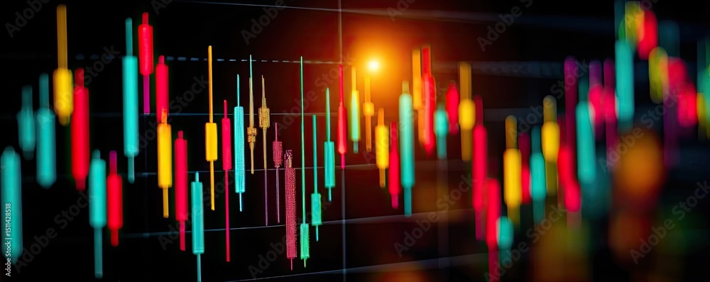 Poster Candlestick pattern based on entry and indicator exit timing concept. Colorful financial chart displaying market trends and analysis.