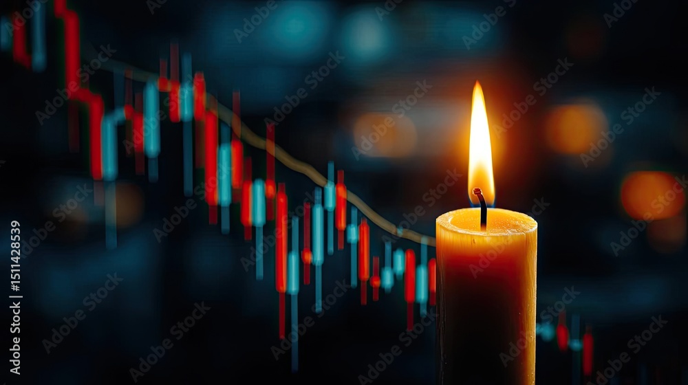 Poster Candlestick pattern based on entry and indicator exit timing concept. A candle flame illuminates financial charts and graphs.