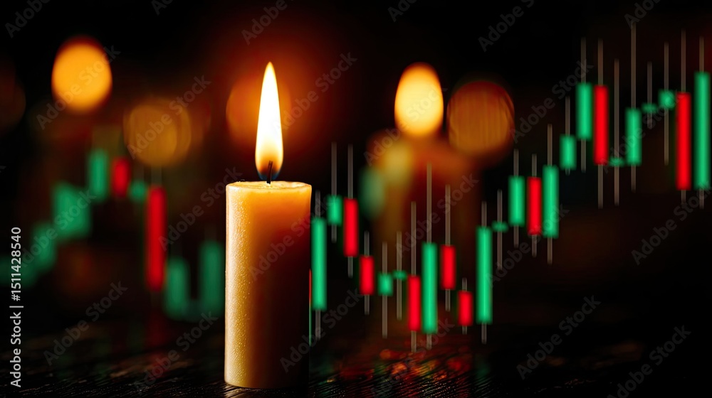 Poster Candlestick pattern based on entry and indicator exit timing concept. Candlelight illuminating financial charts on dark background.